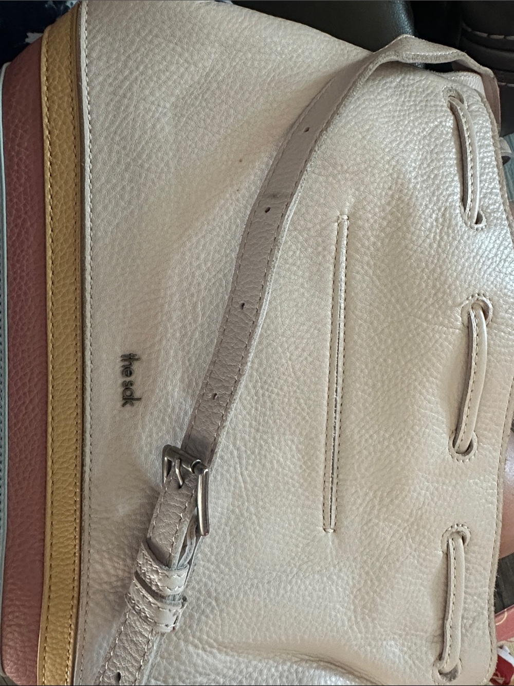 The Sak Ivy Leather Drawstring Bucket Bag cream coastal with striped woven trim - Picture 13 of 13